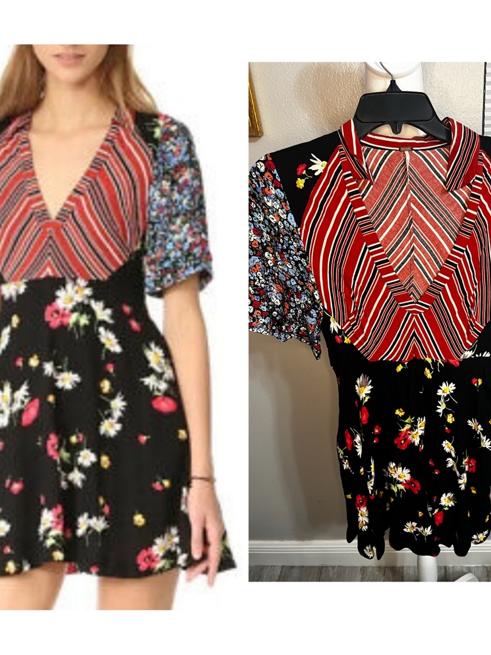 Free People 'Mix It Up' Printed Mini Dress size 4 Striped Floral Short Sleeve